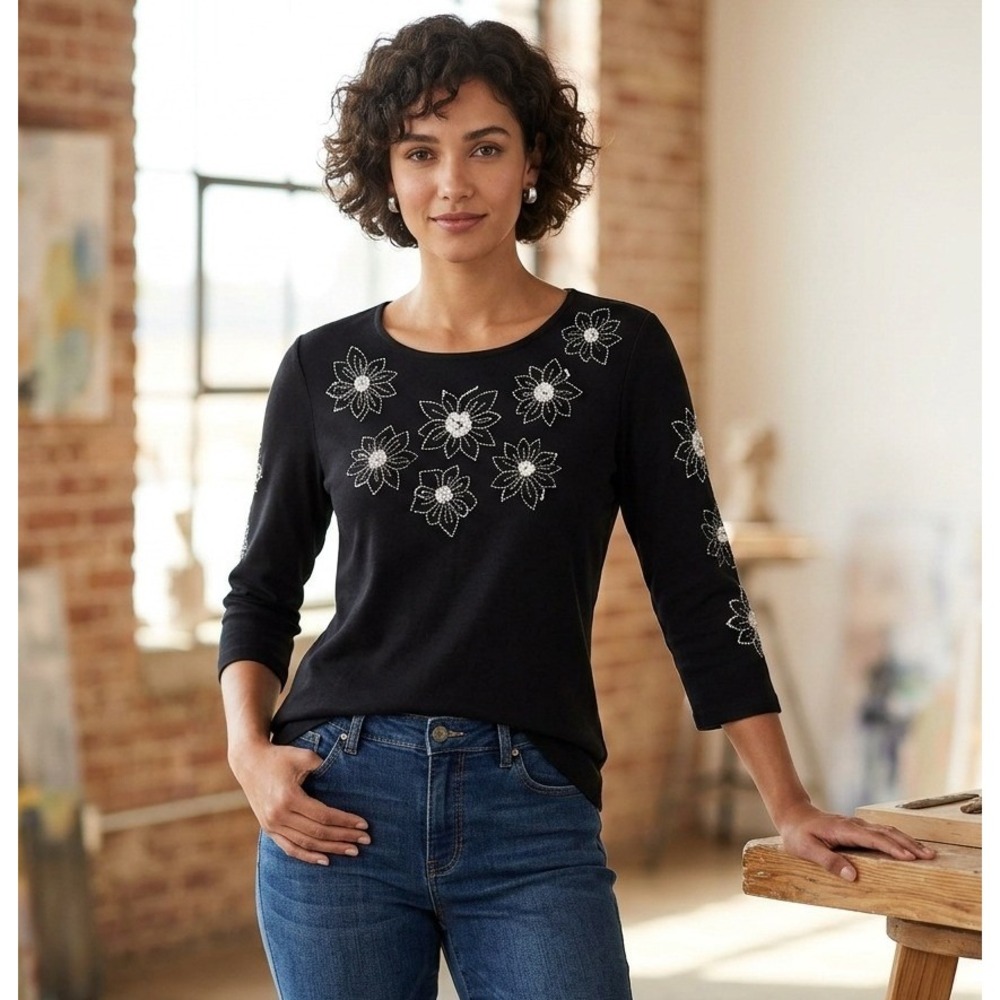 Talbots Floral Beaded Top Womens S Black 3/4 Sleeve Embroidered Cotton Basic